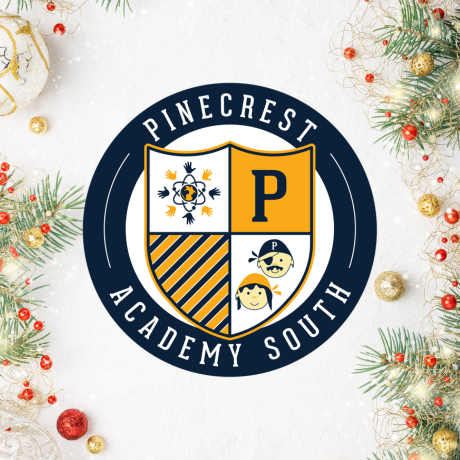 Pinecrest Academy South logo surounded by a holiday background